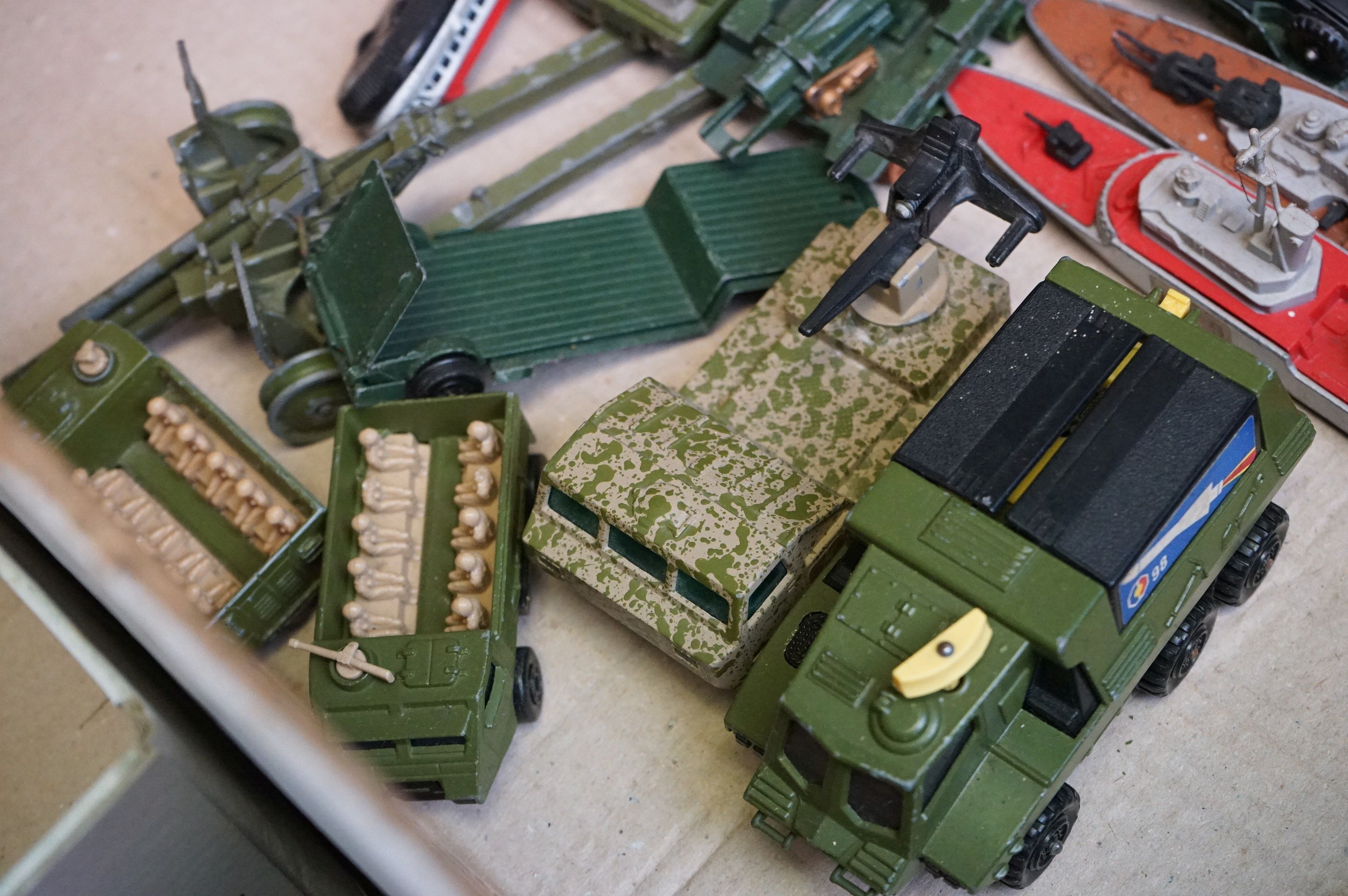 Around 40 play worn mid 20th C onwards diecast models featuring military & fire service examples - Image 12 of 14