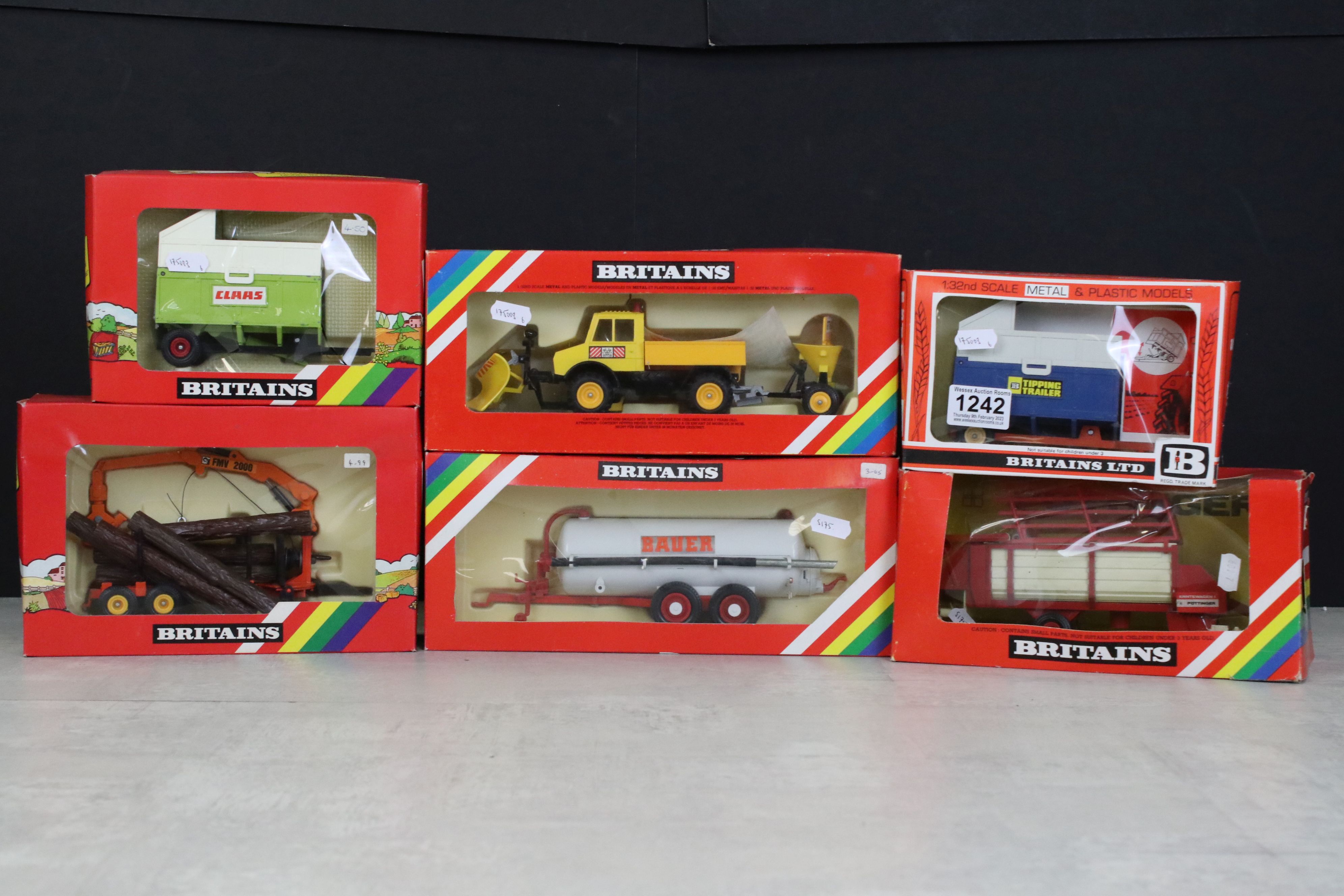 Six boxed Britains diecast metal and plastic agricultural models, to include 9563 Vacuum Tanker,