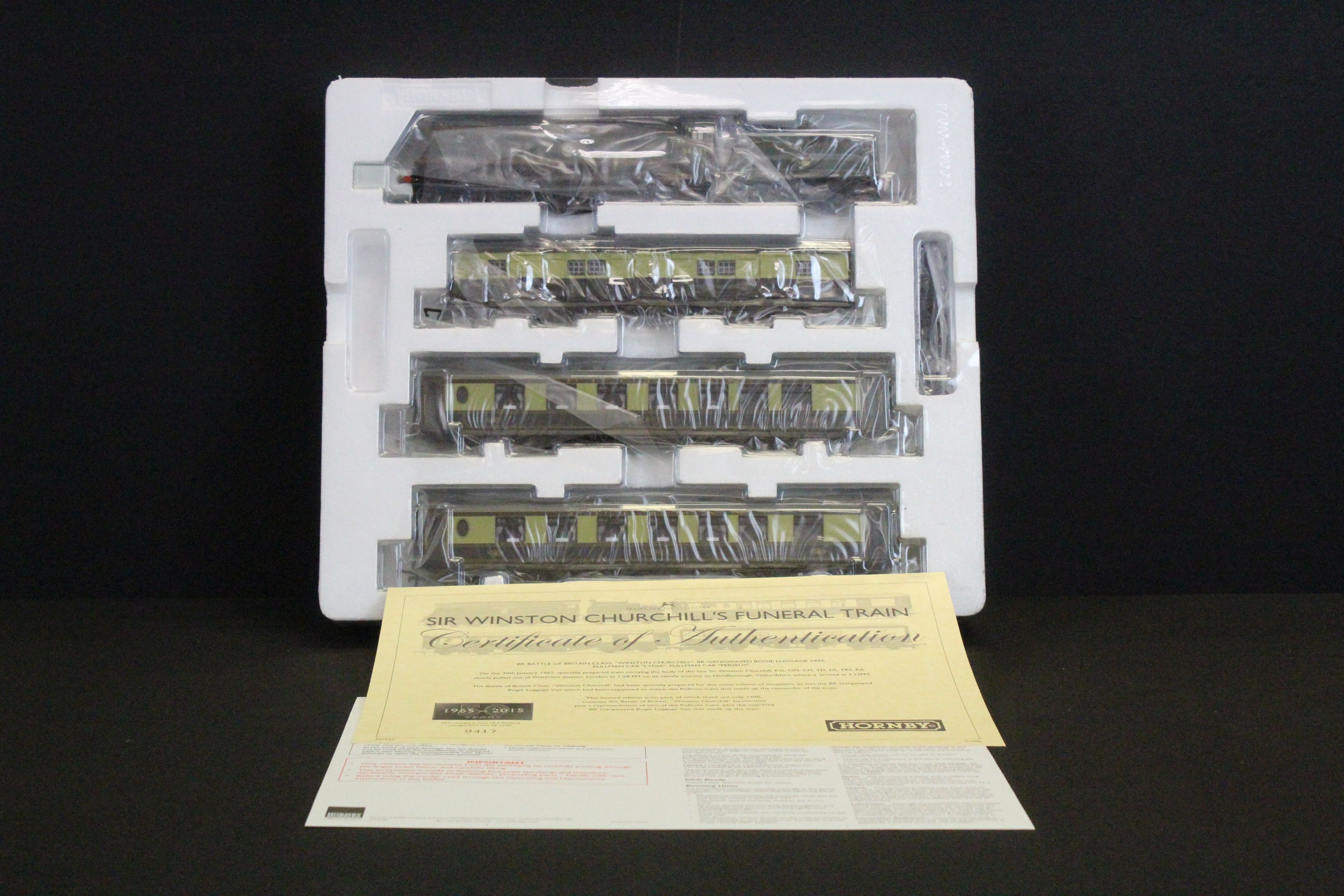 Boxed ltd edn Hornby R3300 Sir Winston Churchill's Funeral Train Pack, completye with certificate - Image 3 of 6