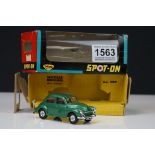 Boxed Triang Spot On 289 Morris Minor 1000 with steering diecast model, in metallic green. Diecast