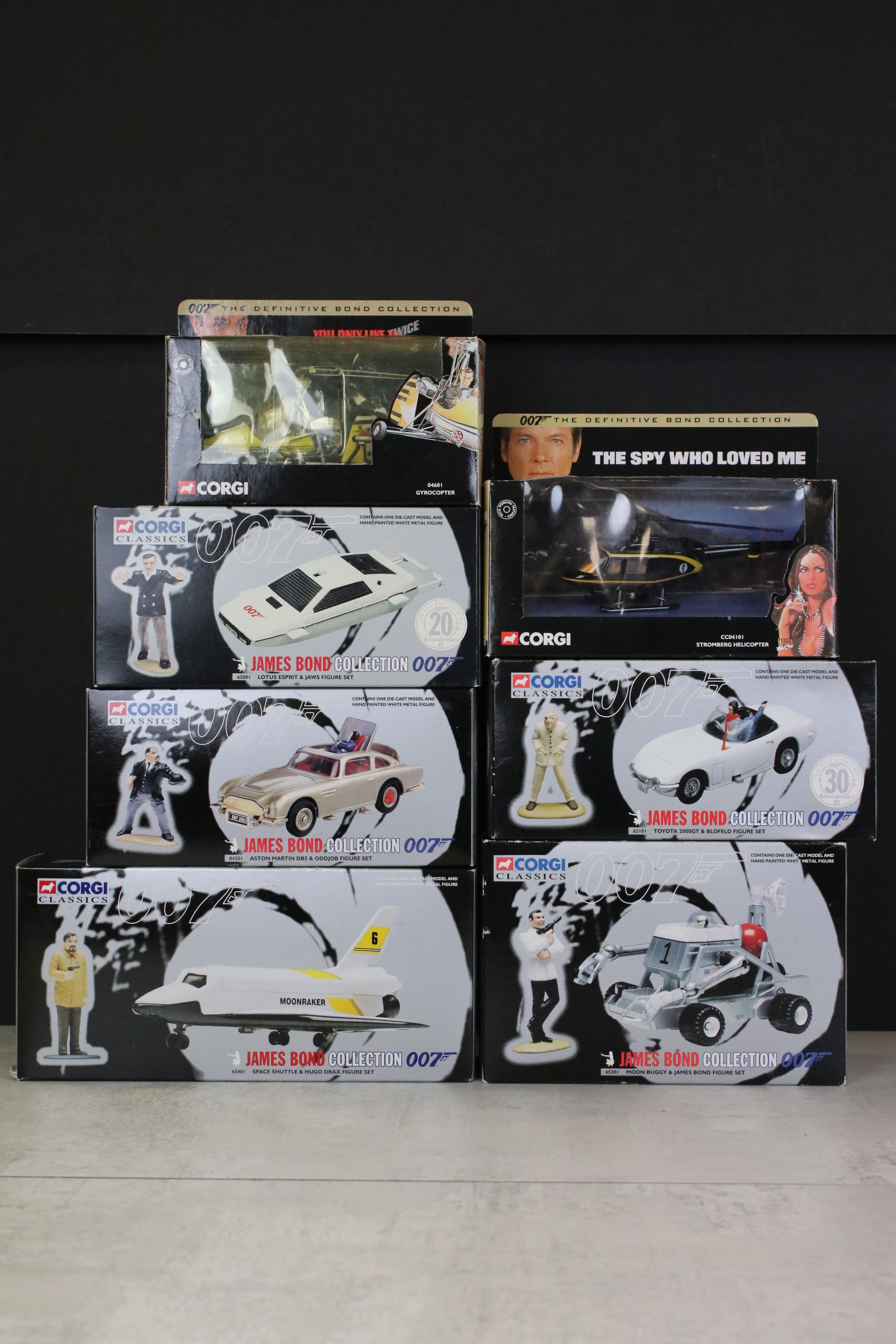 Seven Boxed Corgi Classics 007 James Bond diecast models to include 5 x James Bond Collection 007