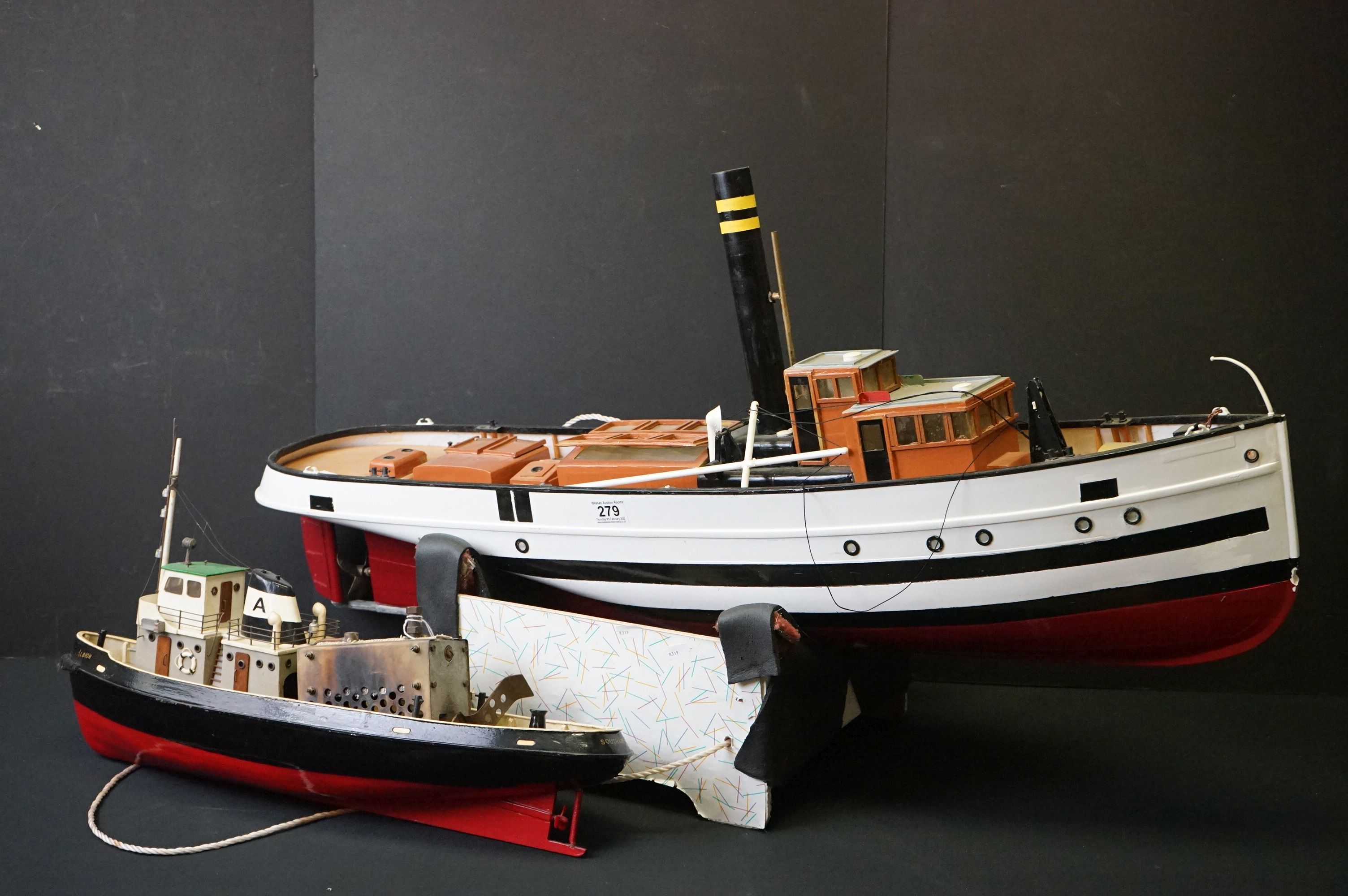 Wooden scale model of Southampton tug boat ' Albion ' steam powered, approx length 60cm, together