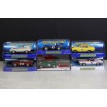 Six cased slot cars to include 5 x Scalextric (C3205 Jaguar D Type, C3502 Ford Cortina MK1, C3143