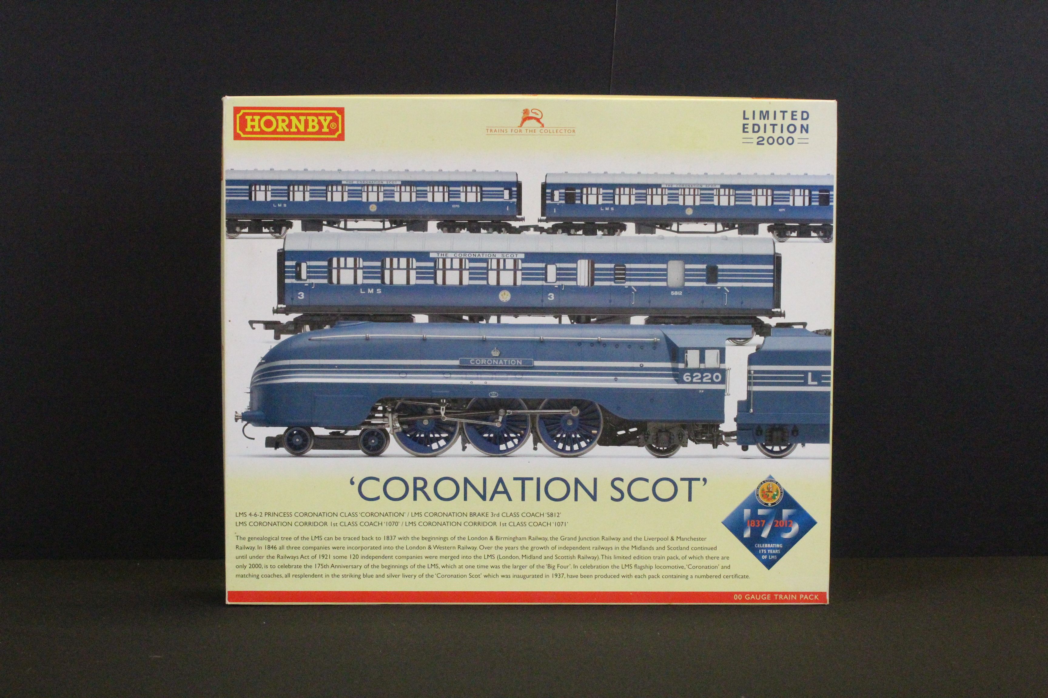 Boxed ltd edn Hornby OO gauge R3092 Coronation Scot Train Pack, complete with certificate