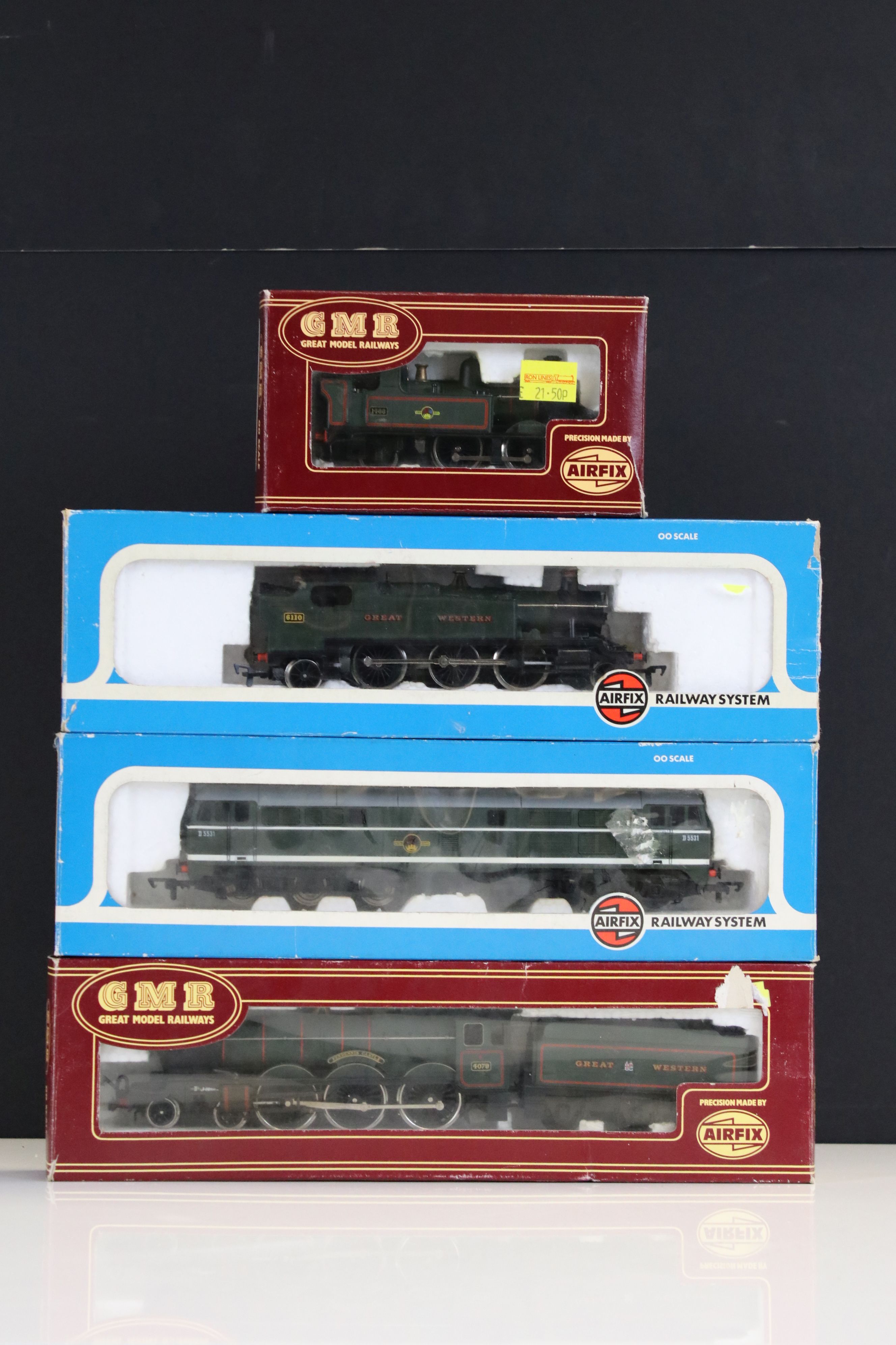 Four boxed Airfix OO gauge locomotives to include 54150-1 Prairie Tank Locomotive 2-6-2 GWR green