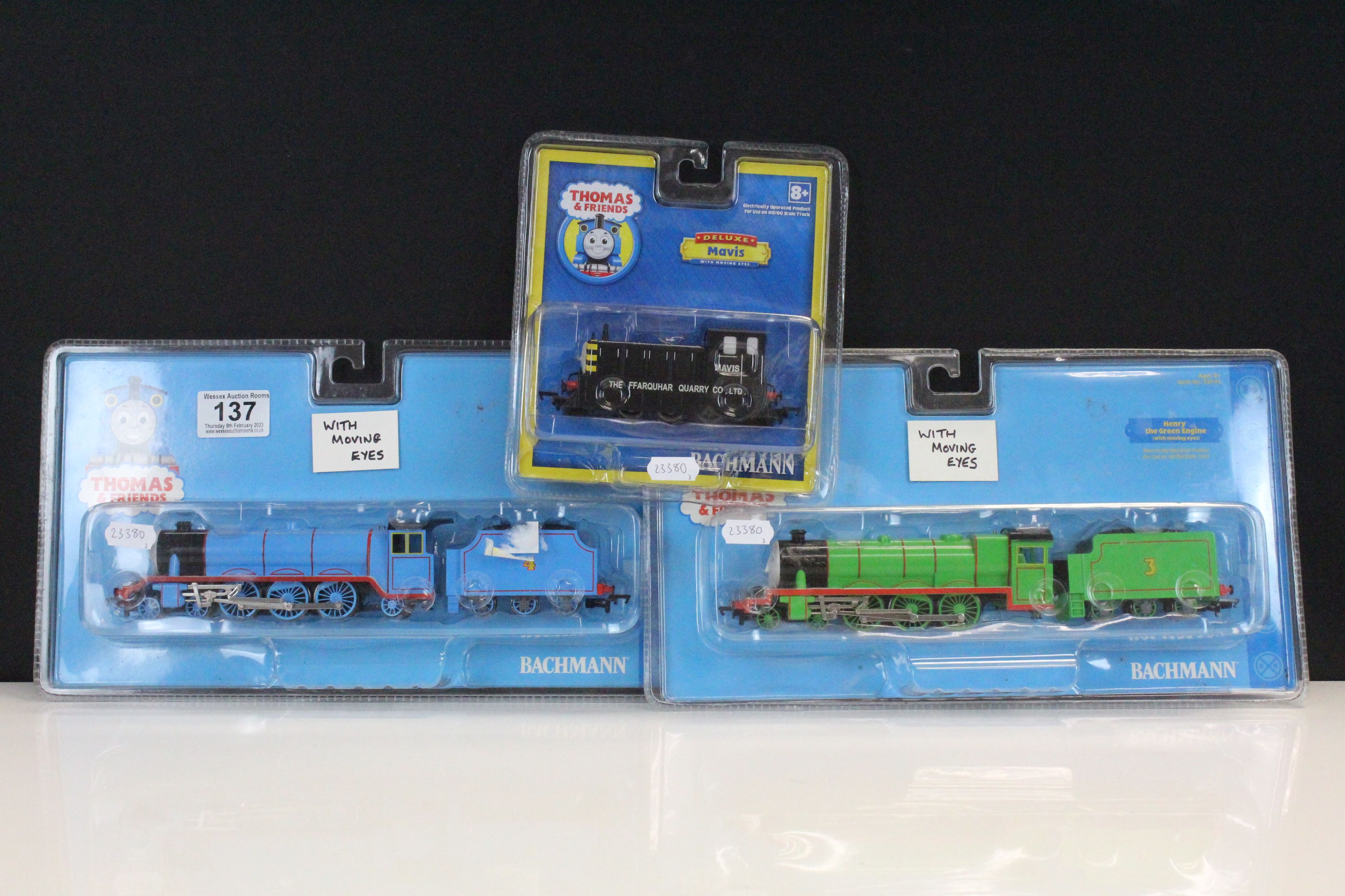 Three boxed/carded Bachmann OO gauge Thomas & Friends locomotives to include 58744 Gordon, 58745