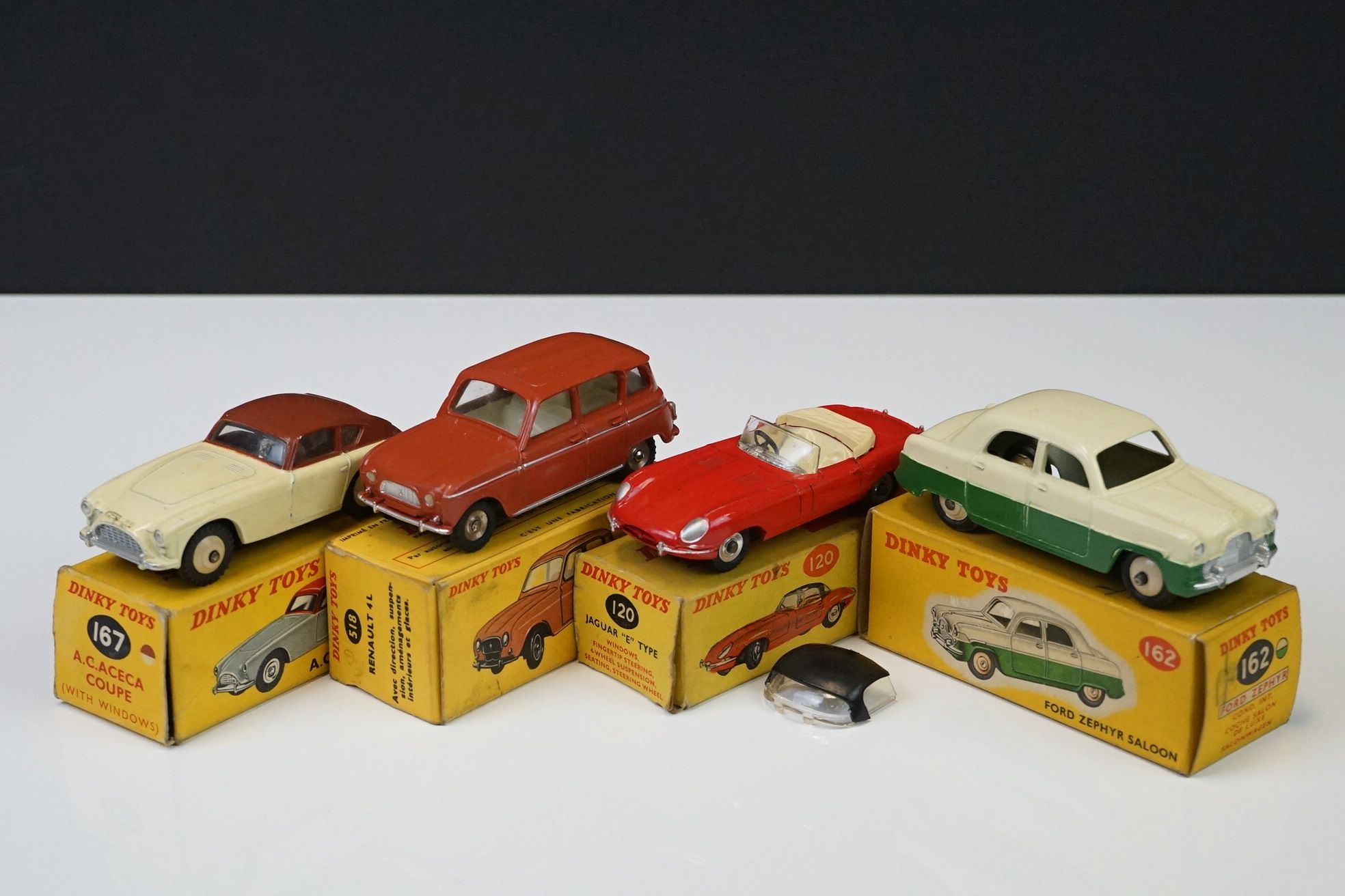 Four boxed Dinky diecast models to include French 518 Renault 4L in brick red, 162 Ford Zephyr