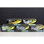 Five cased Scalextric slot cars, to include C2442 Dallara Indy ' Pennzoil ' No.4, C2487 Skoda