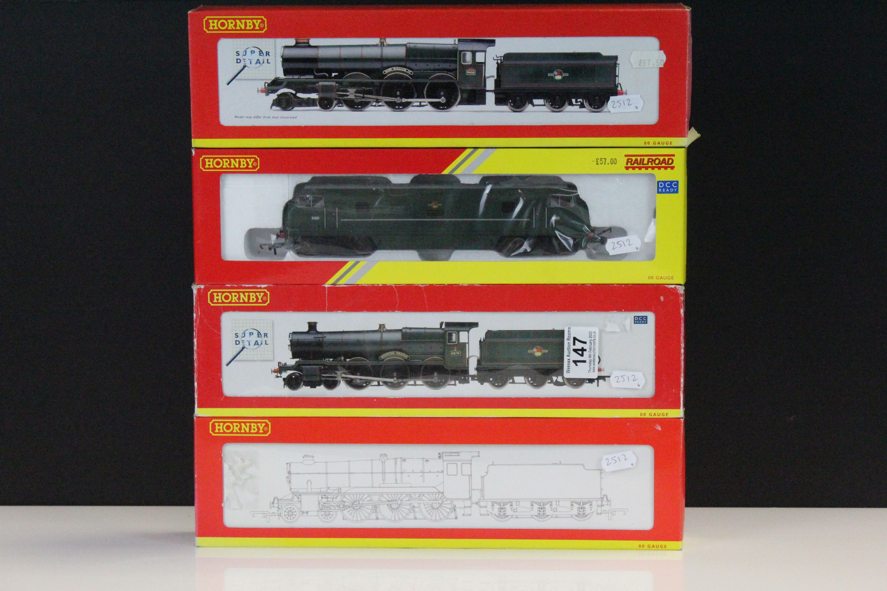 Four boxed Hornby OO gauge locomotives to include 2 x Super Detail (R2234 BR 4-6-0 King Class King