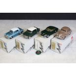 Four boxed Pathfinder Models 1/43 handbuilt metal models to include PFM 10 Jensen CV8 1964 in dark