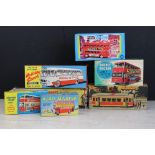 Seven boxed tin plate & plastic models to include 4 x Friction Powered Buses, Poplar Plastic