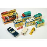 Six boxed Matchbox diecast models to include 54 Cadillac Ambulance, 62 TV Service Radio Rentals Van,