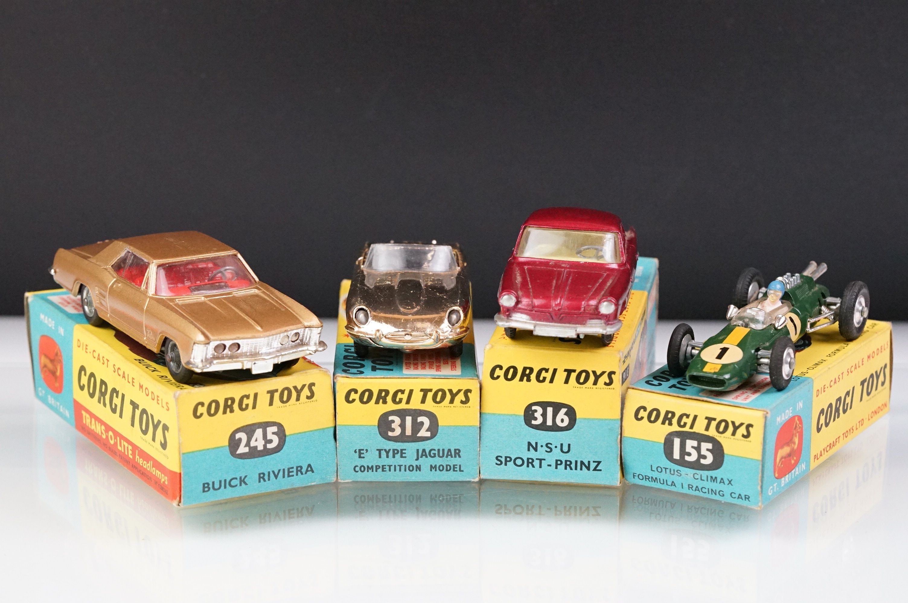 Four boxed Corgi diecast models to include 155 Lotus Climax Formula I Racing Car in green, 245 Buick