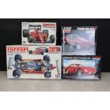 Three boxed Ferrari plastic model kits, to include Tamiya 1/12 312T4, Tamiya 1/20 F189 Portuguese