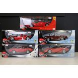 Five boxed 1/18 100% Hot Wheels diecast model Ferraris to include 56293, 29230, 29441, 25727 &