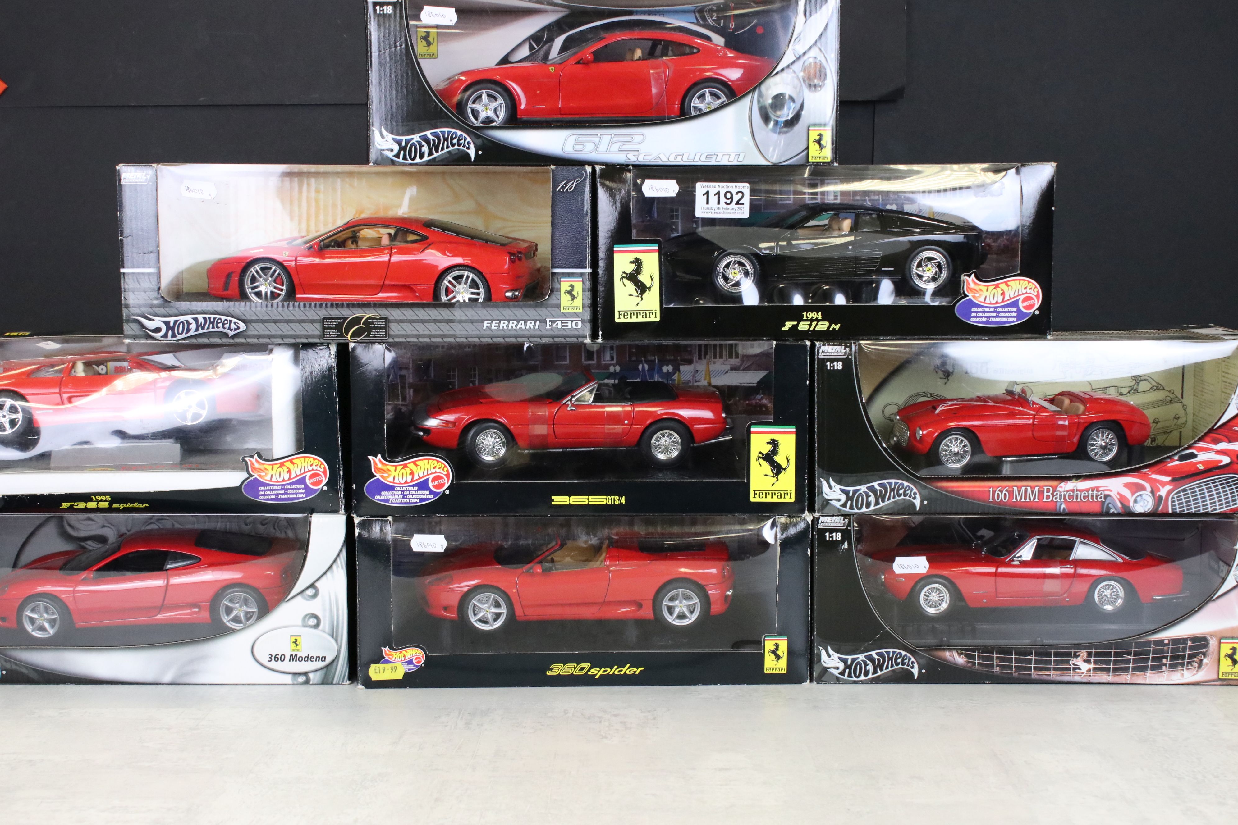 Eight boxed 1/18 Mattel Hot Wheels Ferrari related diecast models, to include 23922 F512M 1994,