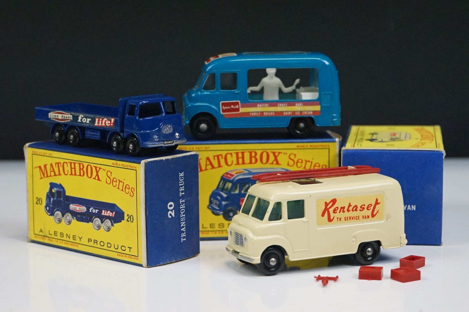 Three boxed Matchbox Lesney diecast models to include 20 Ever Ready Transport Truck, 62 TV Service