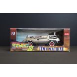 Boxed Sun Star 1/18 Back to the Future III Time Machine diecast model, signed to the windscreen by