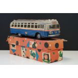 Boxed tin plate Carpati friction 'London' bus in blue and grey, showing some play wear and dusty