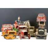 Six mid 20th C play worn tin plate models to include VW in maroon, fire engine with extending