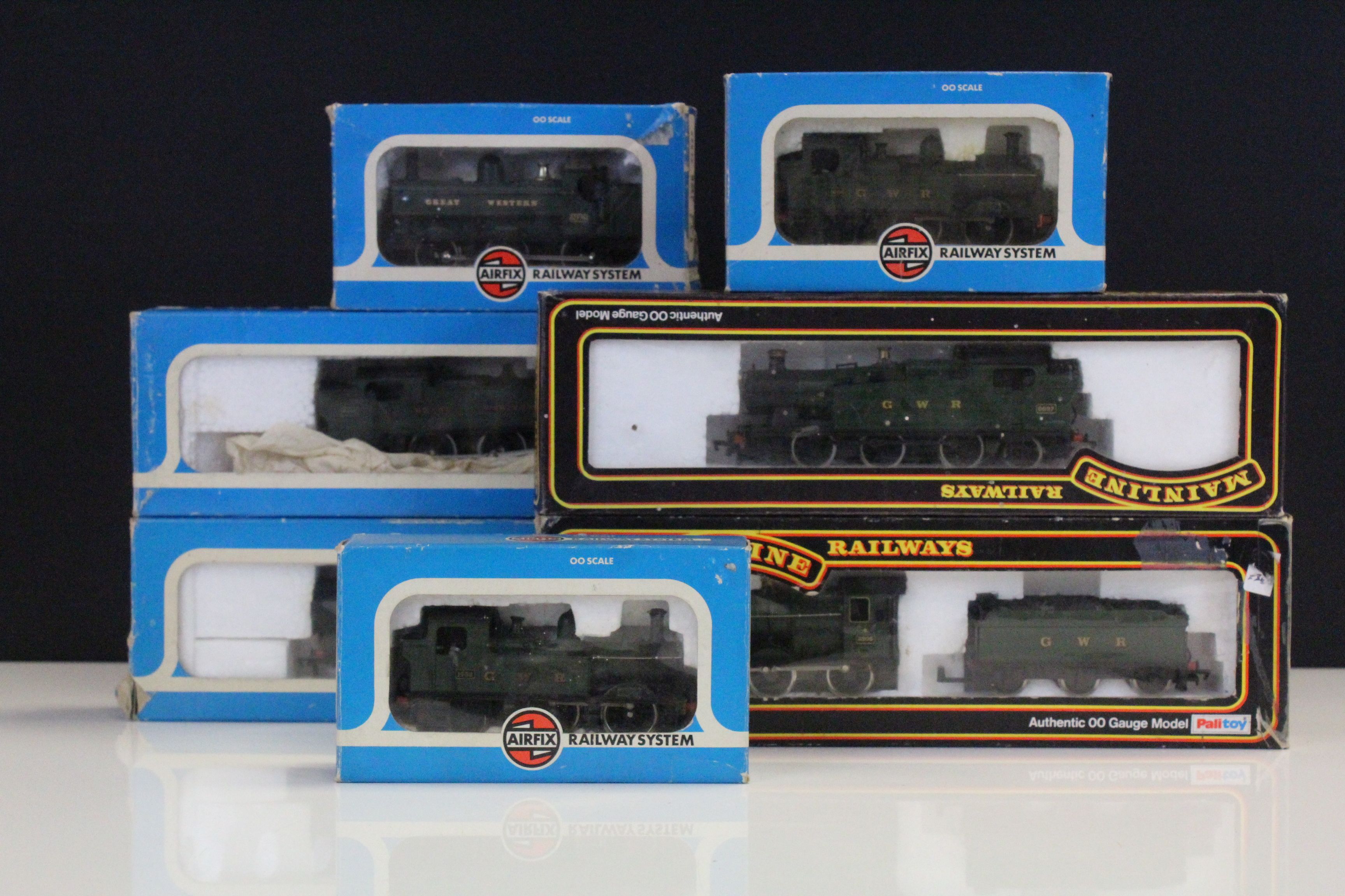 Seven boxed OO gauge locomotives to include 5 x Airfix (2 x 54150-1 Prairie Tank Locomotive 2-6-2