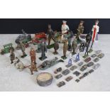 Group of vintage play worn figures, soldiers & vehicles to include Britains, Elastolin, flats etc