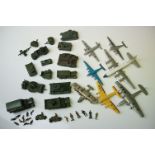22 Mid 20th C play worn Dinky diecast military and plane models to include Ensign Class Air Liner,