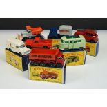 Seven boxed Matchbox Lesney diecast models to include 14 Lomas Ambulance, 15 Refuse Truck, 9 Fire