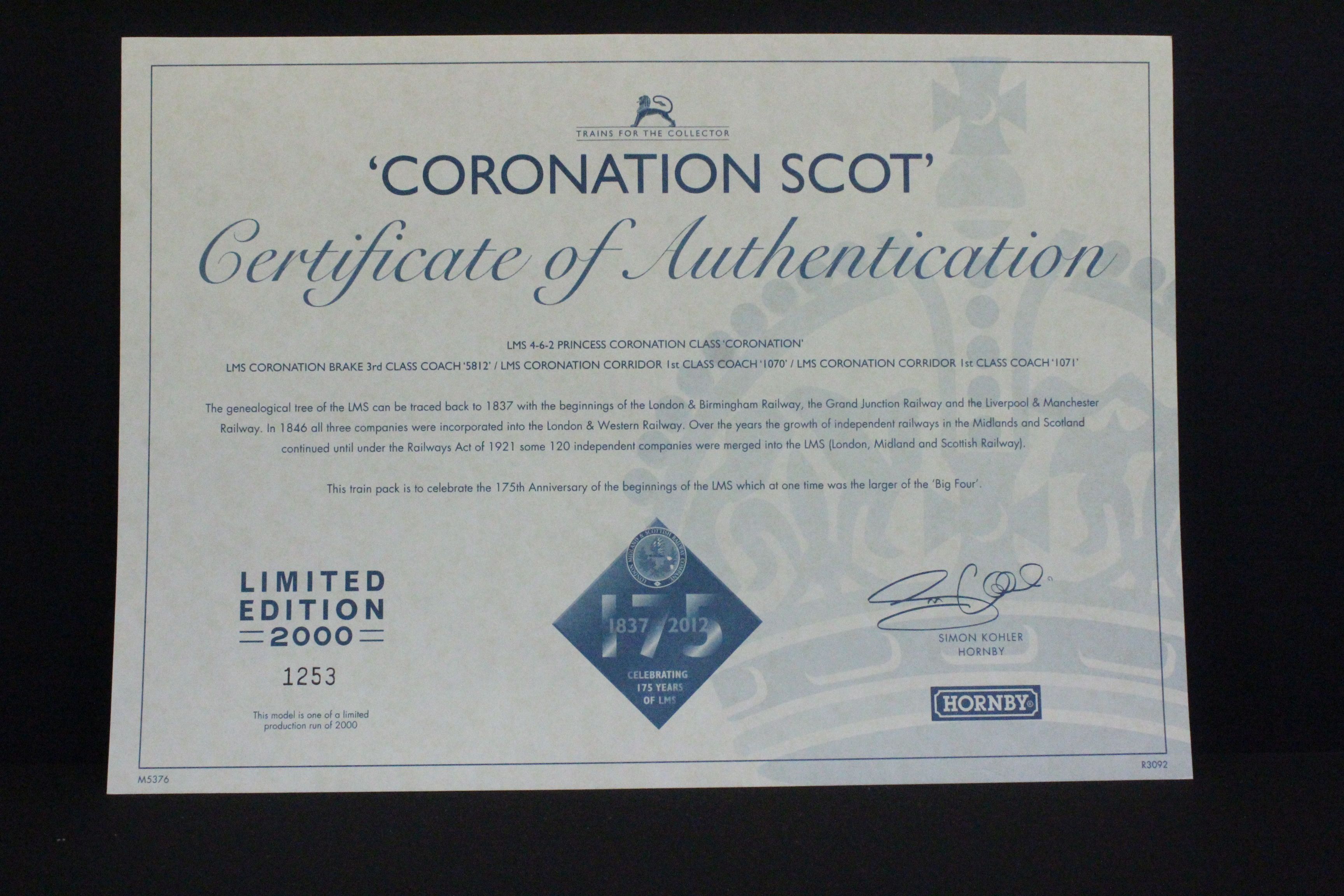 Boxed ltd edn Hornby OO gauge R3092 Coronation Scot Train Pack, complete with certificate - Image 7 of 8