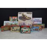 13 Boxed plastic model kits to include 2 x UPC (Tally Ho Coach & Covered Wagon), Tamiya Japanese