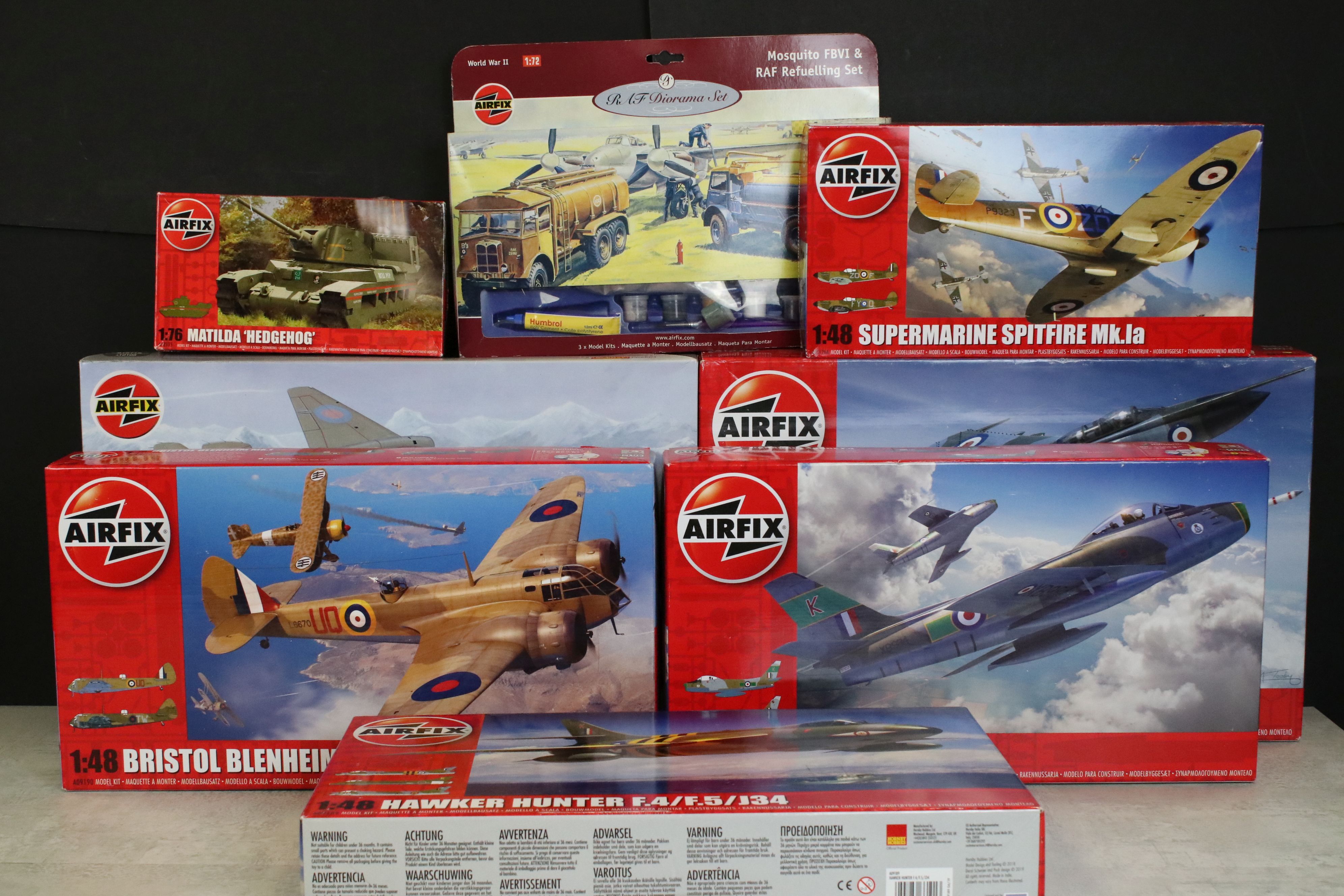 Eight Boxed & unbuilt Airfix plastic model kits to include A10103 1:48 English Electric Canberra PR.