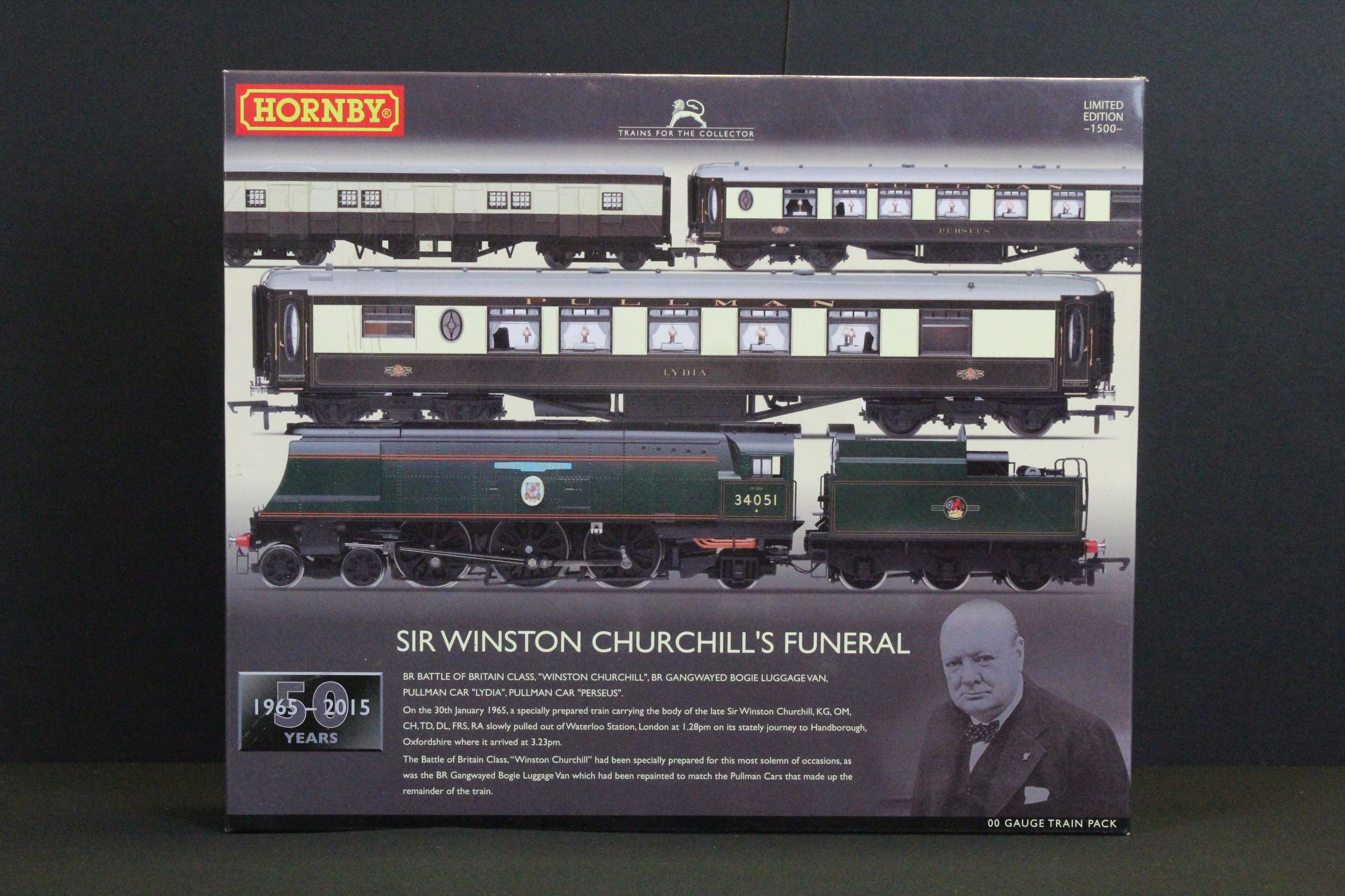 Boxed ltd edn Hornby R3300 Sir Winston Churchill's Funeral Train Pack, completye with certificate
