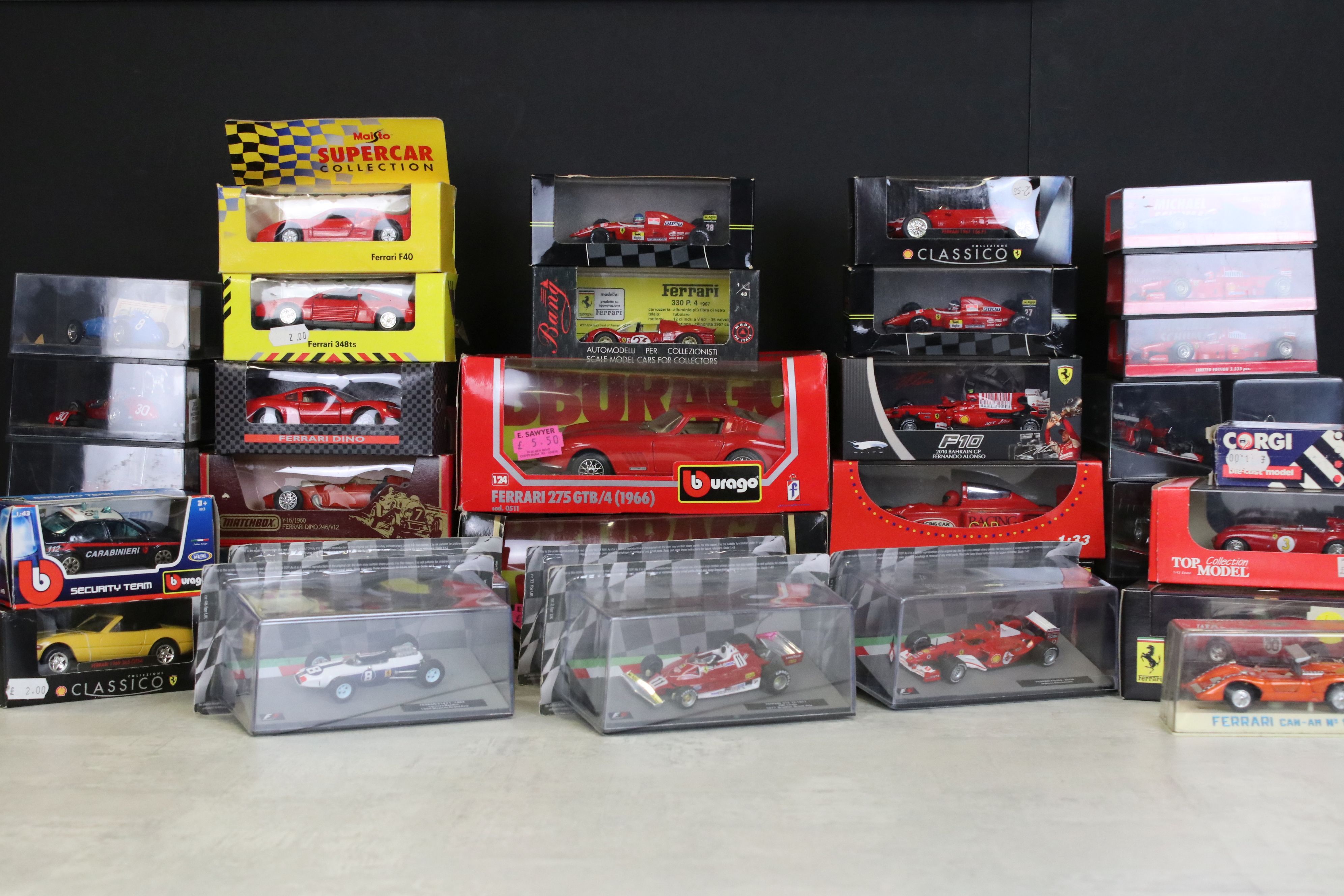 Over 40 boxed / cased diecast models, mainly Ferrari related, to include Minichamps, Burago,