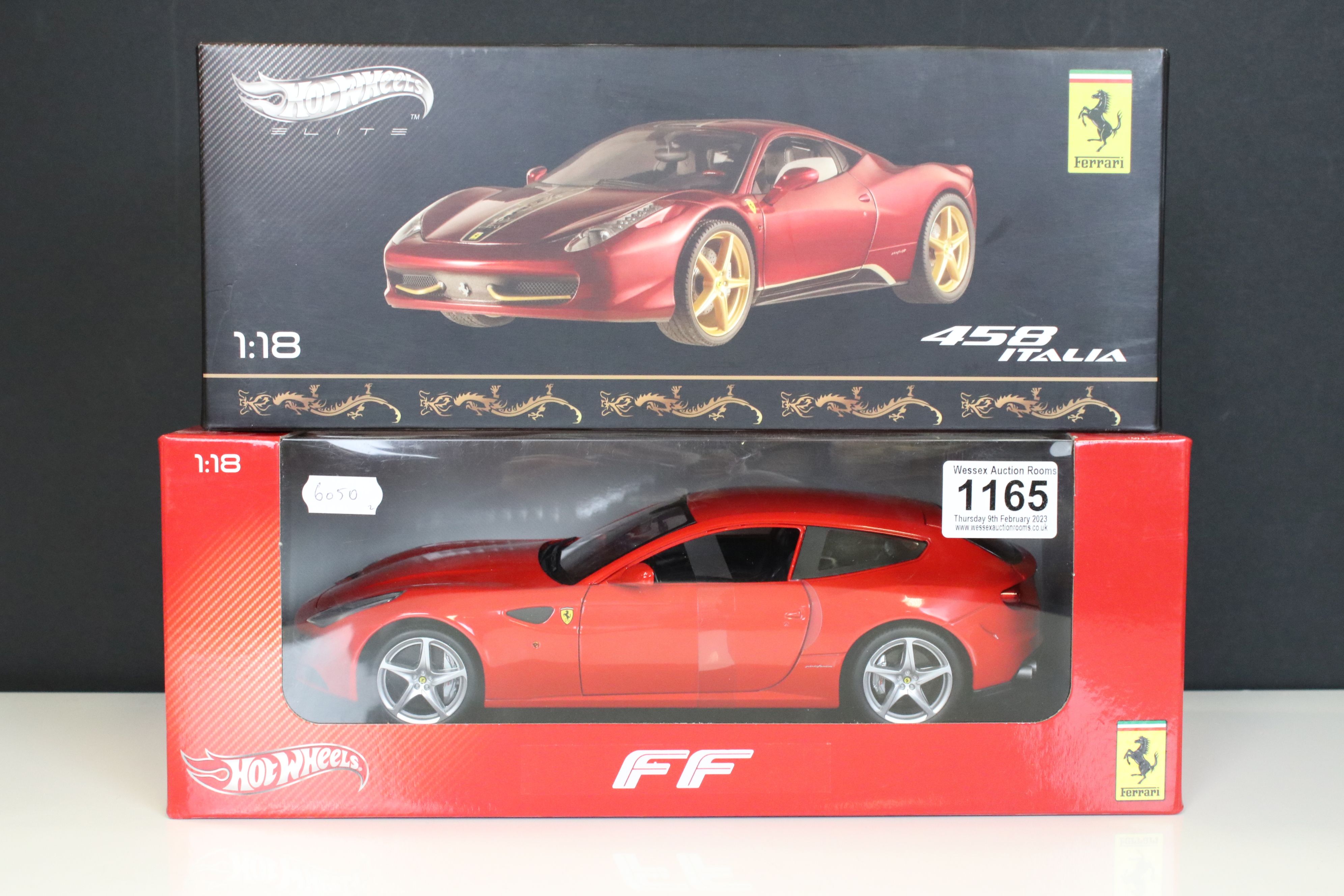 Two boxed 1/18 Hot Wheels Ferrari diecast models to include Elite BCK12 458 Italia and X5524 FF,