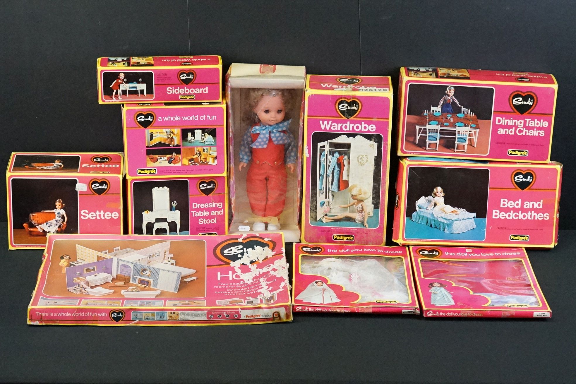 Nine boxed Pedigree Sindy accessories to include Wardrobe, Bedside Table and Lamp, Home (damage ot