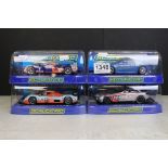 Four cased Scalextric slot cars, to include C3188 Lola Aston Martin LMP1, C3292 Peugeot 908 HDI FAP,