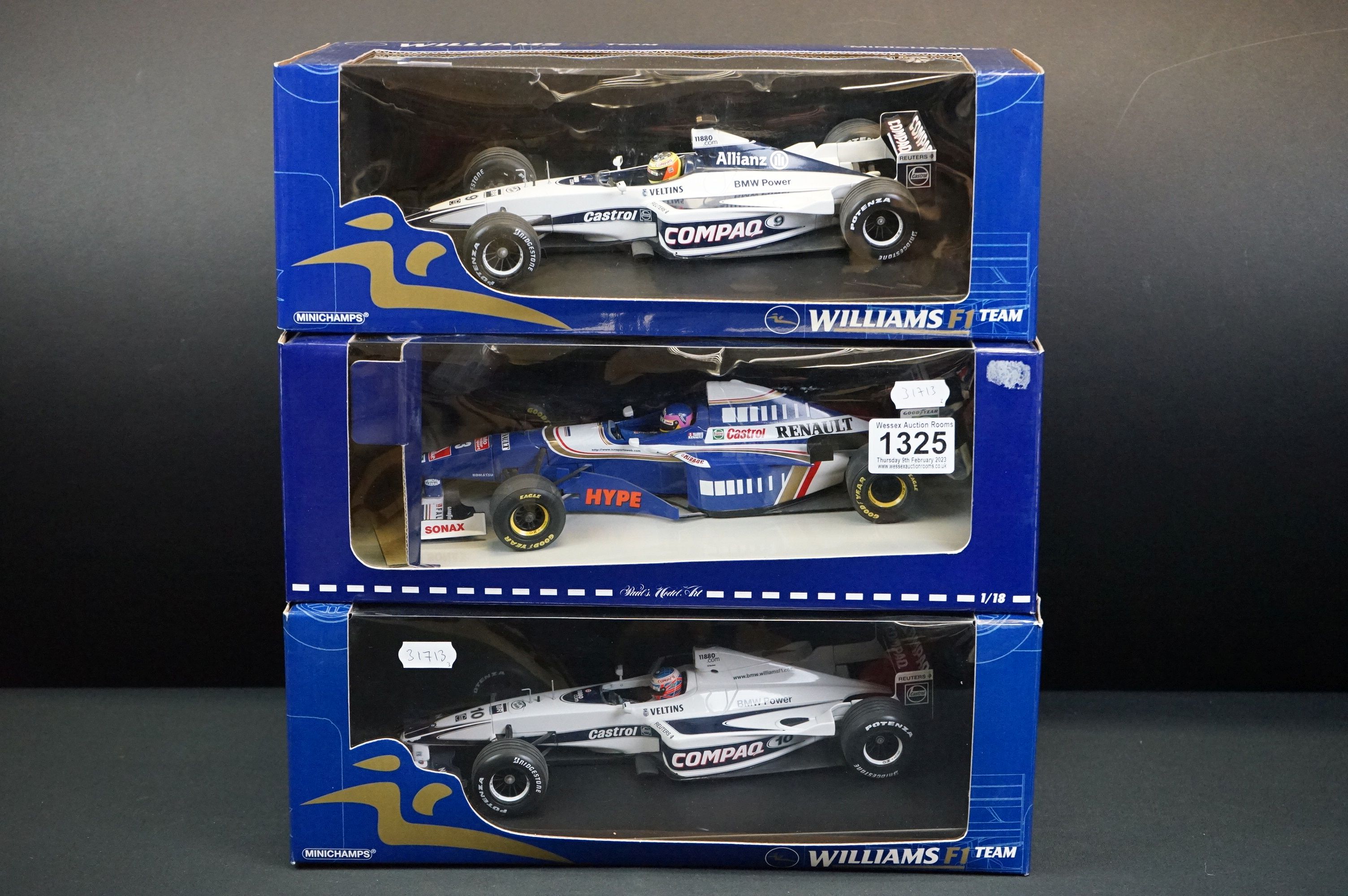 Three boxed Paul's Model Art Minichamps 1/18 diecast models to include 2 x Williams F1 Team (BMW