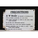 A World War Two Era Bomb Storage Precautions enamel sign.