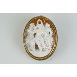 Three Graces shell cameo 9ct yellow gold brooch, rubover set, rope twist surround, replacement
