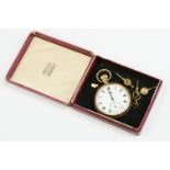 Gold plated Vertex Revue open face top wind pocket watch, white enamel dial and seconds dial,