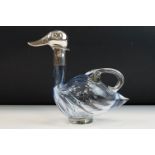 White metal and pale blue glass decanter modelled as a duck, the hinged duck head stamped 950, the