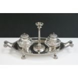 Victorian silver double ink stand, the twin-handled oval stand with central taper stick flanked by