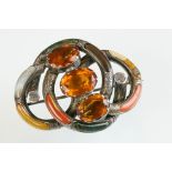 19th century citrine, agate and jasper unmarked silver 'knot' brooch, three oval mixed cut orange