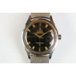 Gents stainless steel Omega Constellation automatic watch. Black face with gold coloured markers and