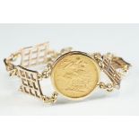 Full sovereign coin 9ct yellow gold bracelet, Victoria 1887, the bracelet formed of six waffle