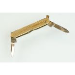 9ct yellow gold cased double folding penknife, engine turned decoration, length when both extended