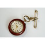 Enamelled rose and white metal fob watch, red enamel, silvered dial, black Arabic numerals, gilt