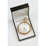 J W Benson 9ct gold open face top wind pocket watch, white dial and seconds dial, black Roman