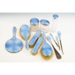 George V Silver & blue guilloche enamel eight-piece vanity set, comprising a hand mirror (24.5cm