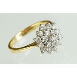 Diamond three tier 18ct yellow gold ring cluster ring, round brilliant cut diamonds, claw set,